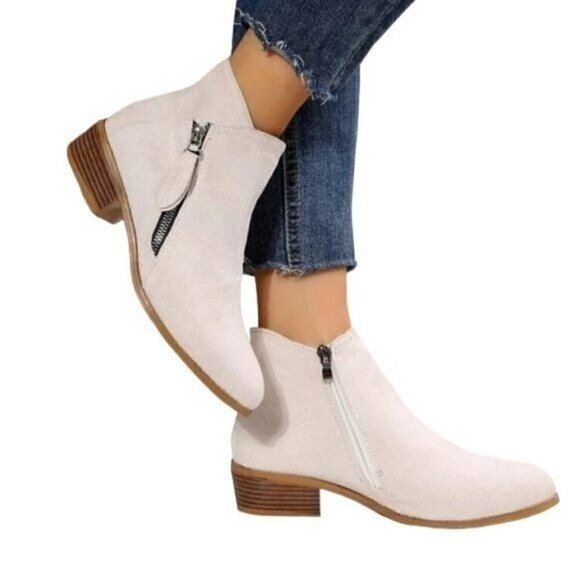 Chunky Heel Side Zip Faux Suede Ankle Boots - Picture 7 of 13